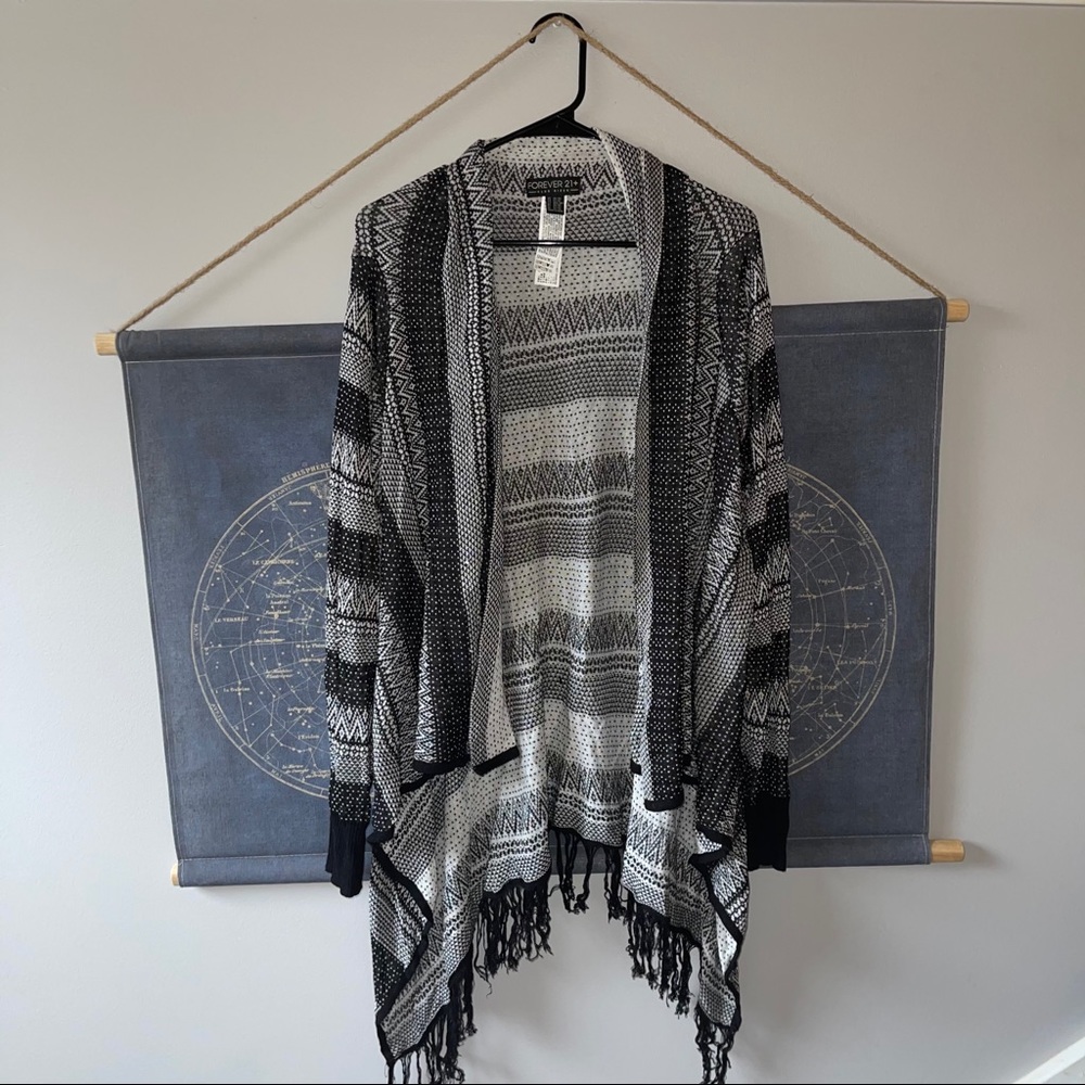 Forever 21 Black & White Fringe Cardigan 2X
